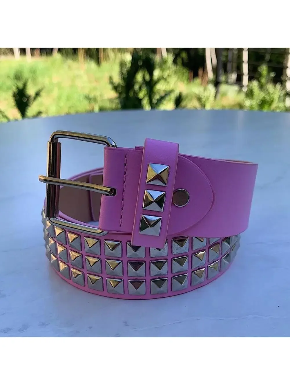 Y2k 2000s style Pink leather with silver studded bel . 39 inches length. Comes n